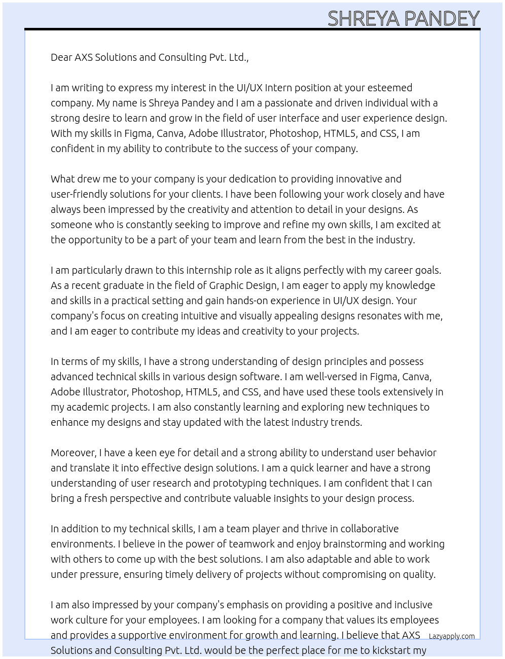 UI/UX Intern At AXS Solutions and Consulting Pvt. Ltd. Cover Letter