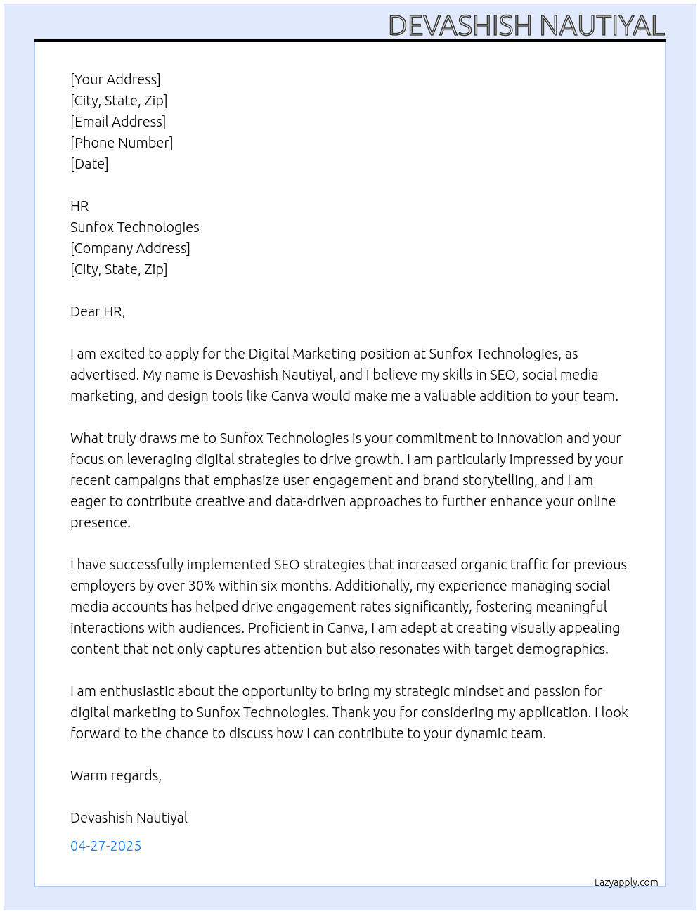 digital marketing  At sunfox technologies Cover Letter