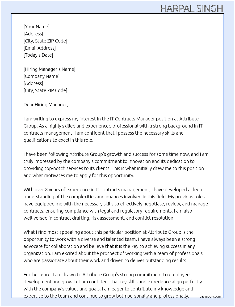 IT Contracts Manager At Attribute Group Cover Letter