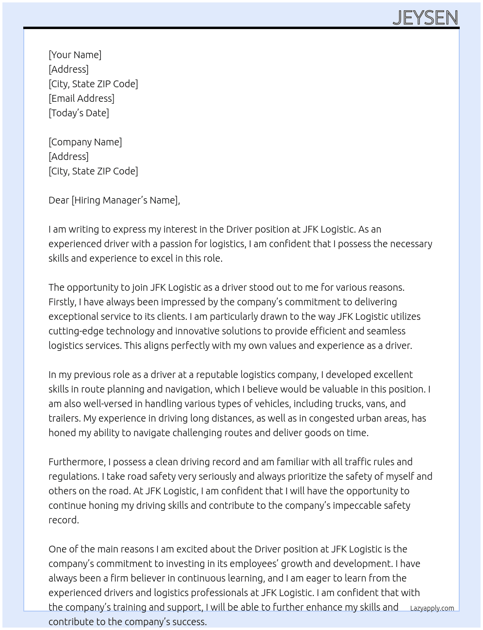 Driver At JFK logistic  Cover Letter