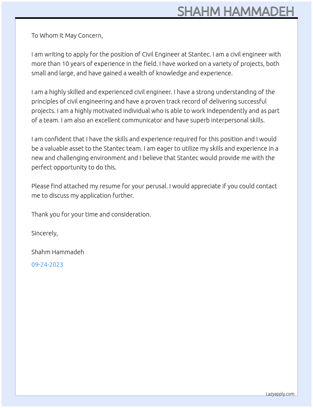 Civil engineering  At Stantec Cover Letter