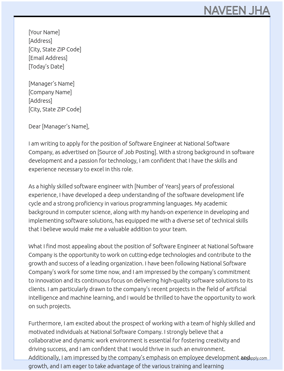 Software engineer At National software company Cover Letter