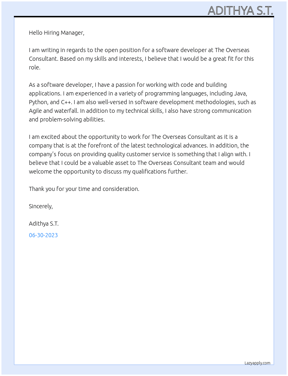 Software Developer At The Overseas Consultant Cover Letter
