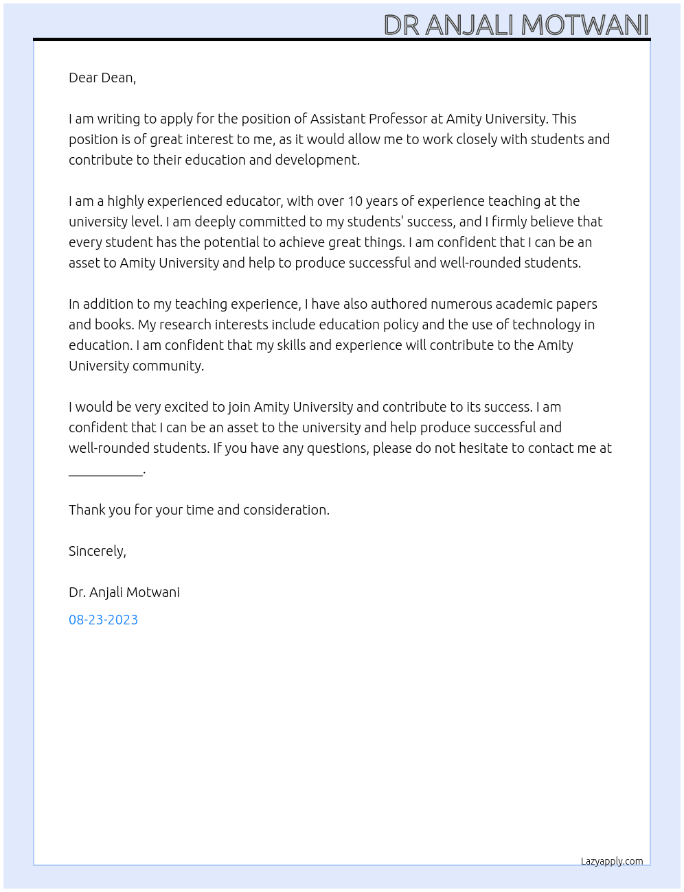 Assisstant Professor At Amity University Cover Letter