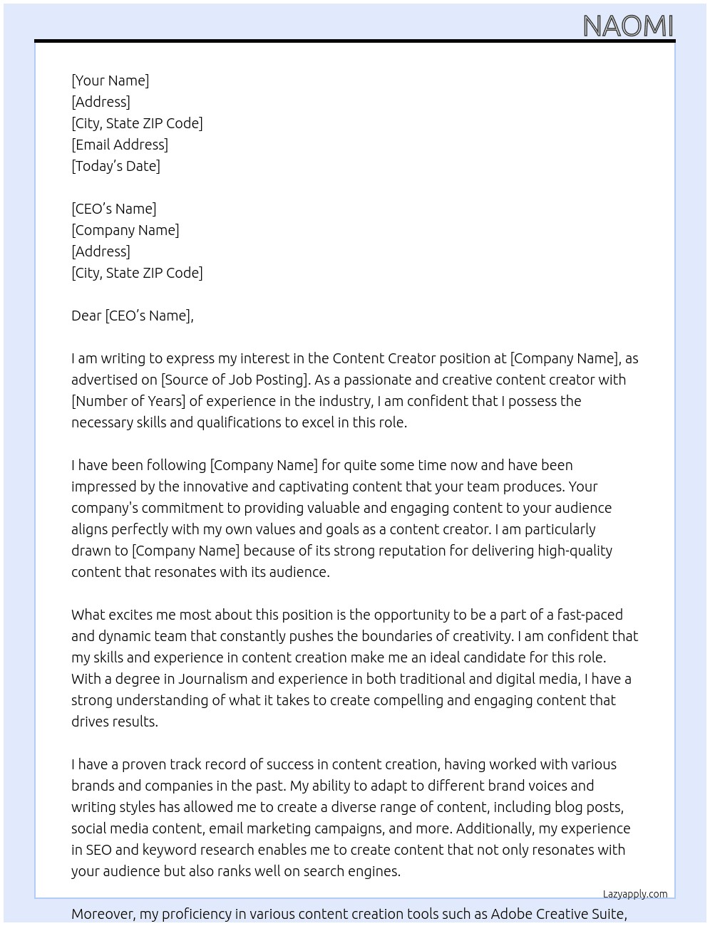 Content creator  At Fyne Cover Letter