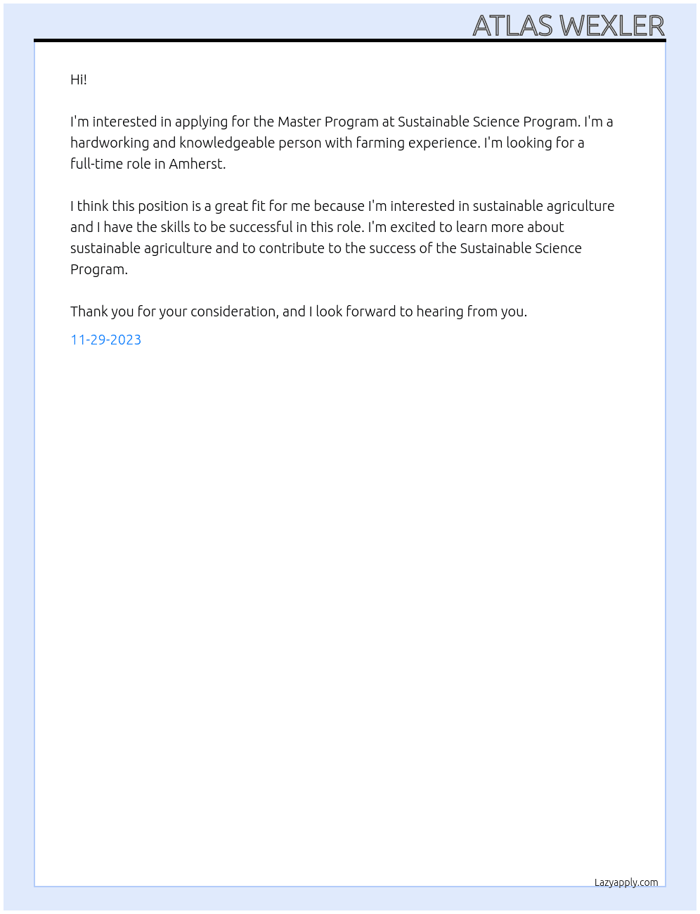 Master Program At Sustainable science program Cover Letter