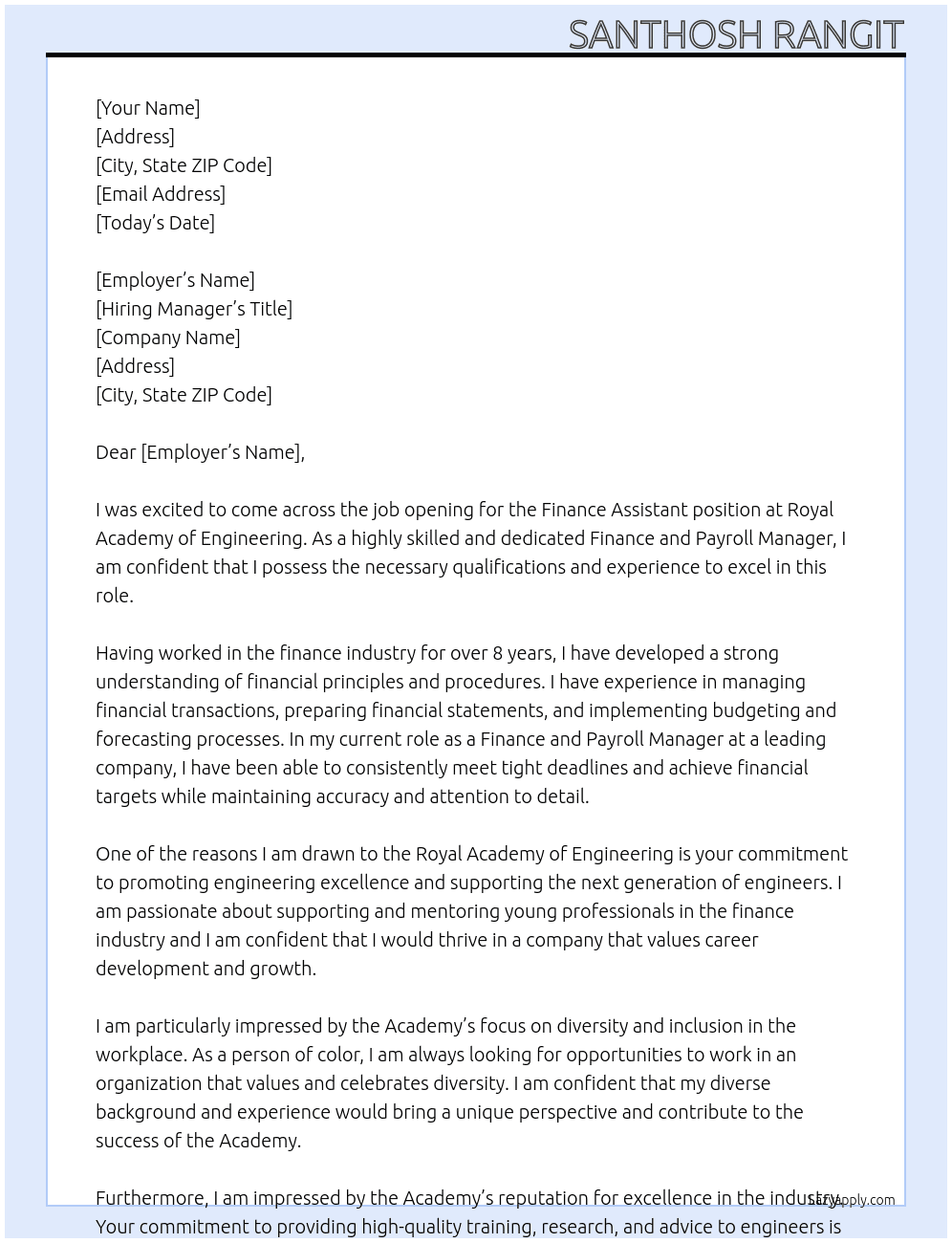 Finance Assistant At Royal Academy of Engineering Cover Letter