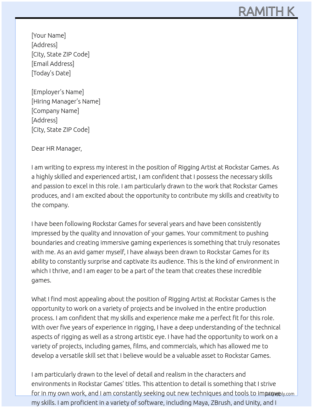 rigging artist   At Rockstar games Cover Letter