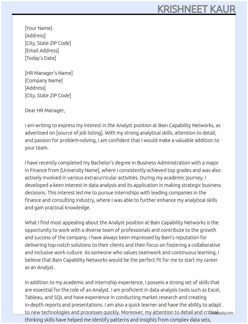 Analyst At Bain Capability Networks   Cover Letter