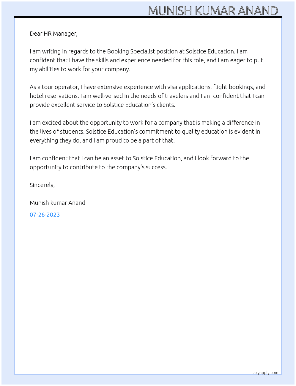 Booking Specialist  At Solstice Education  Cover Letter