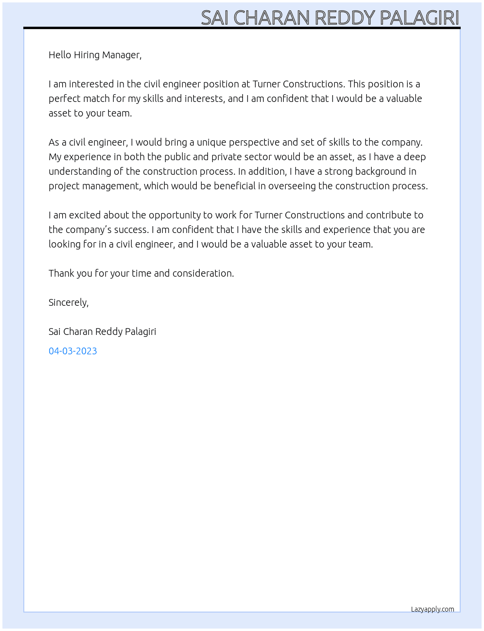civil engineer At Turner Constructions Cover Letter