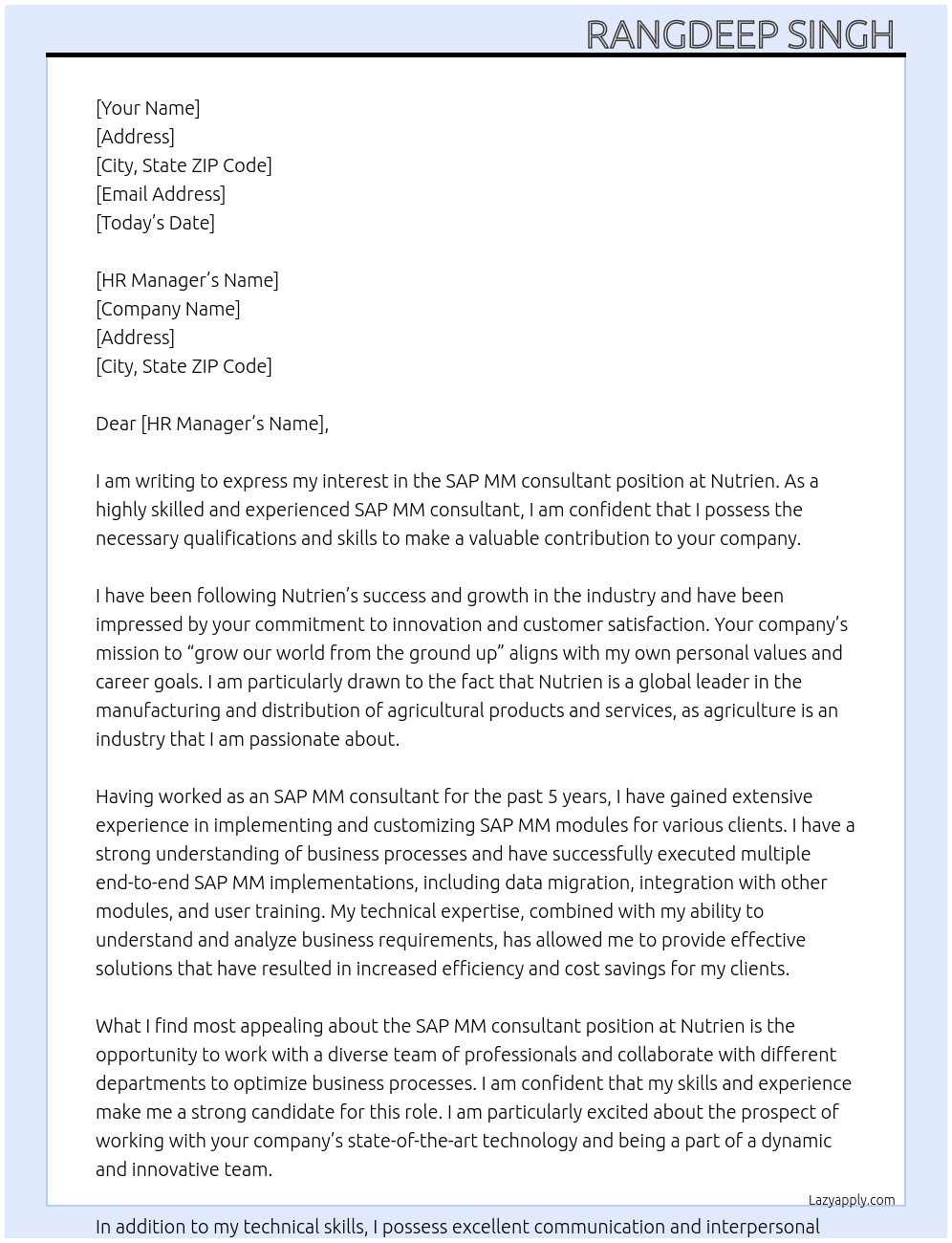SAP MM consultant  At Nutrien Cover Letter