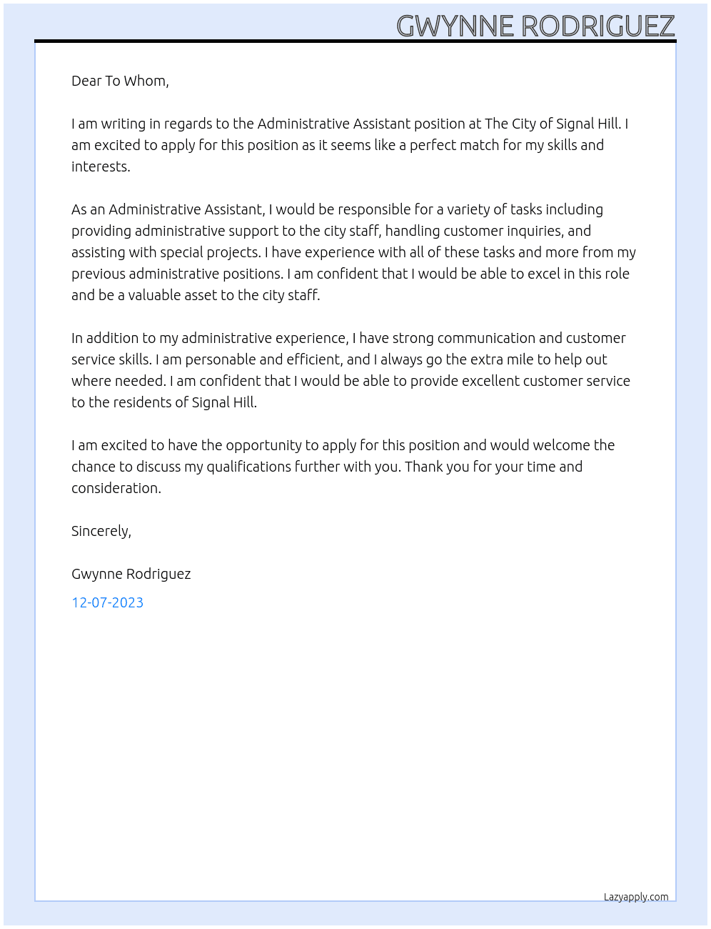 ADMINISTRATIVE ASSISTANT At The City of Signal Hill Cover Letter