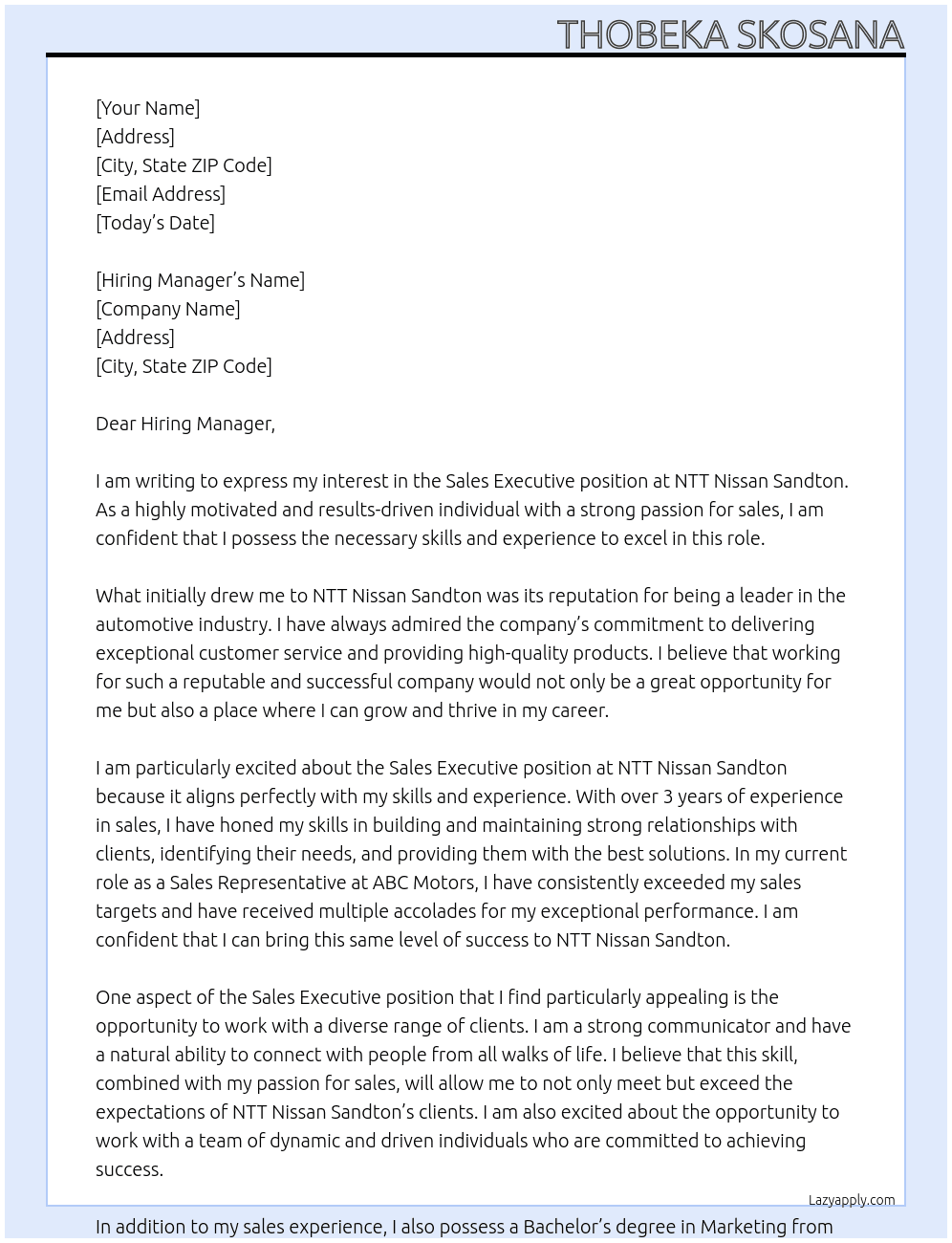 Sales Executive At NTT Nissan Sandton Cover Letter