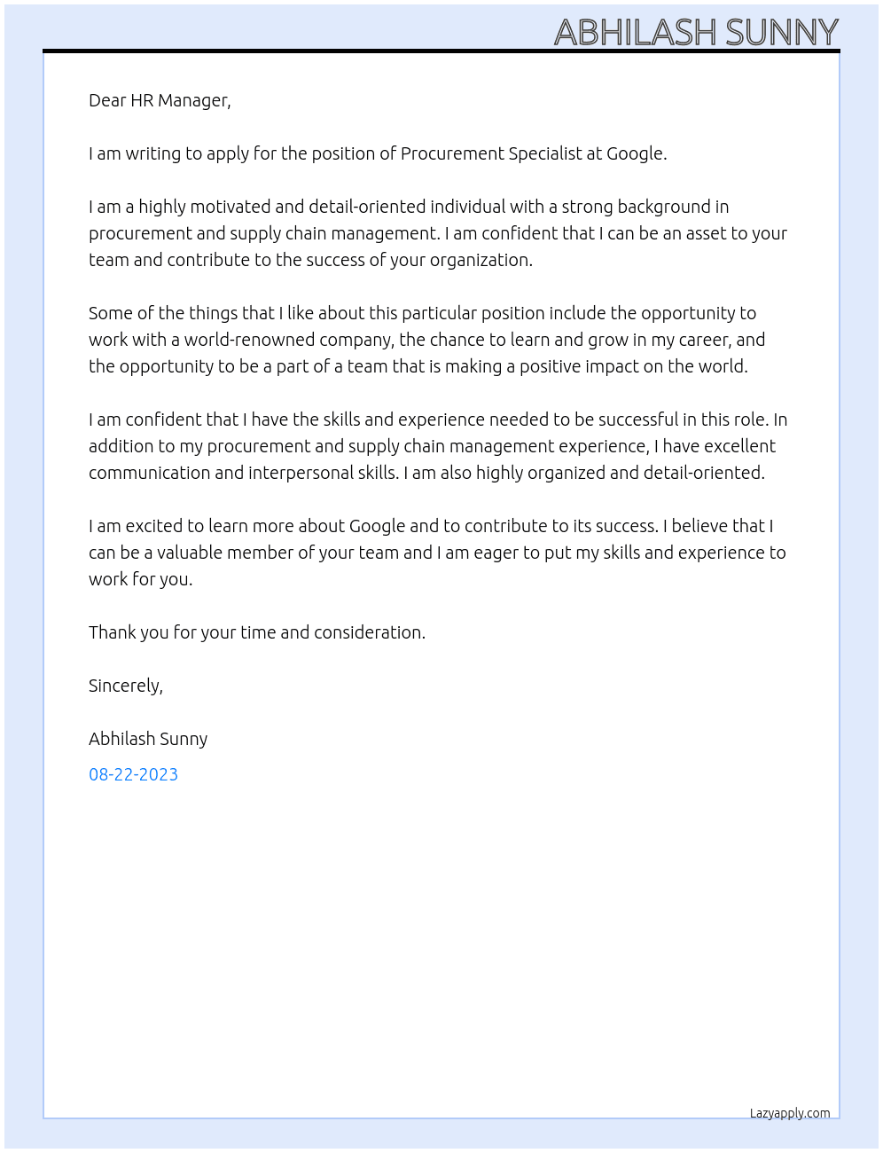 Procurement Specialist At google Cover Letter