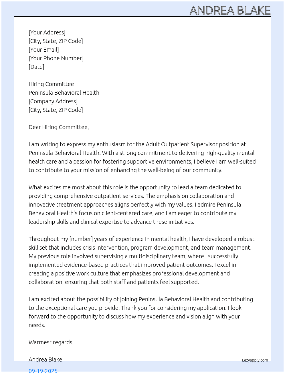 Adult Outpatient Supervisor At Peninsula Behavioral Health  Cover Letter
