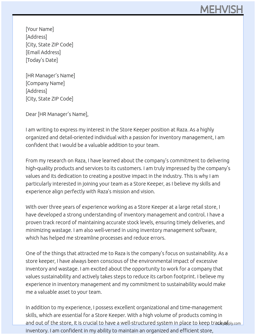 Store keeper At Raza Cover Letter