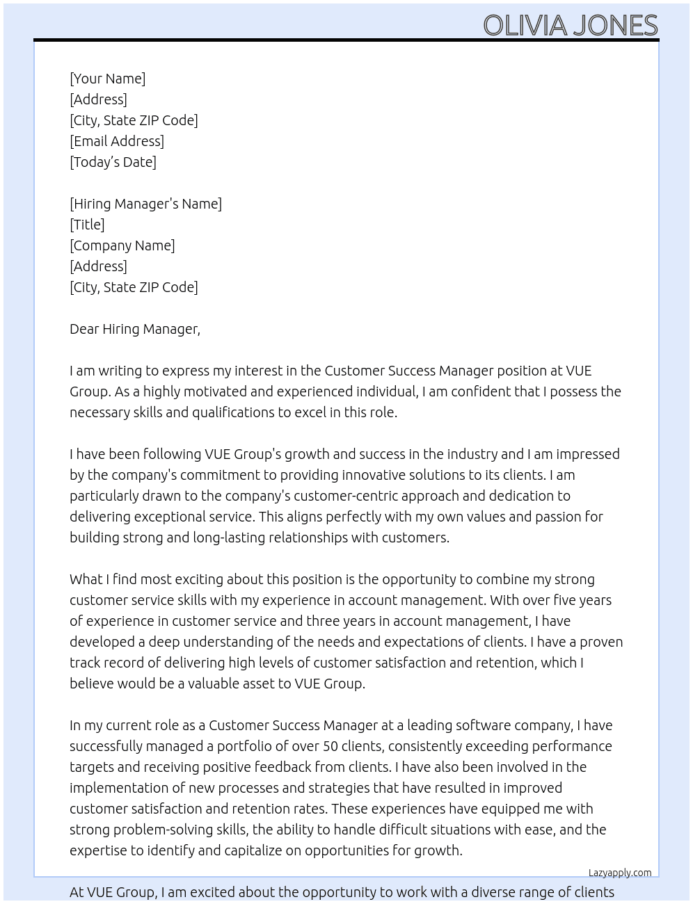 Customer Success Manager At VUE Group Cover Letter