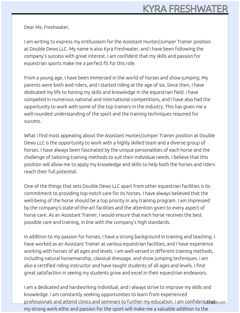 Assistant Hunter/Jumper Trainer At Double Dews LLC Cover Letter