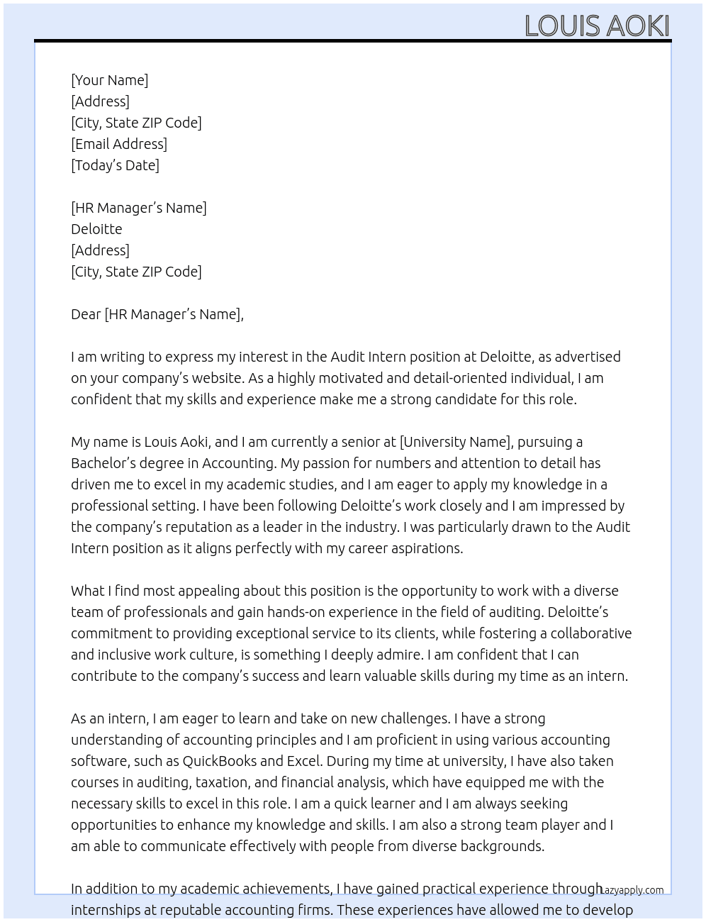 Audit intern At deloitte Cover Letter