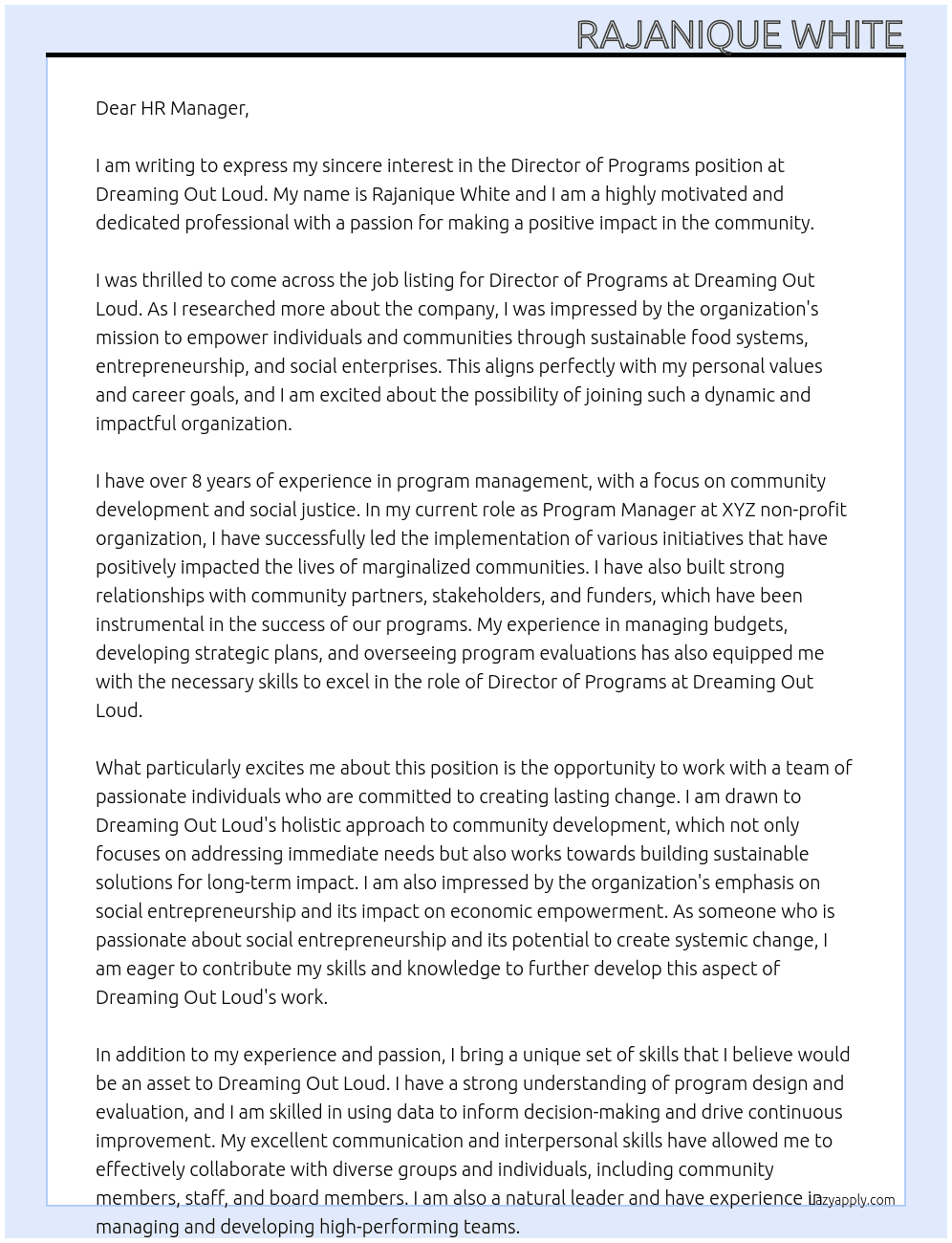 Director of Programs At Dreaming Out Loud Cover Letter