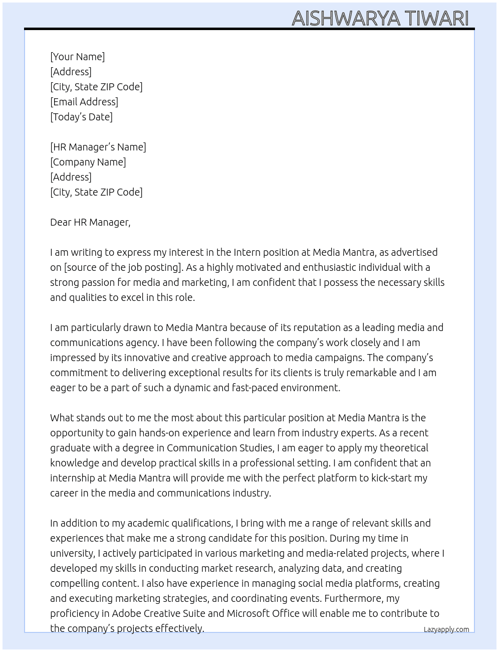 Intern  At Media Mantra Cover Letter