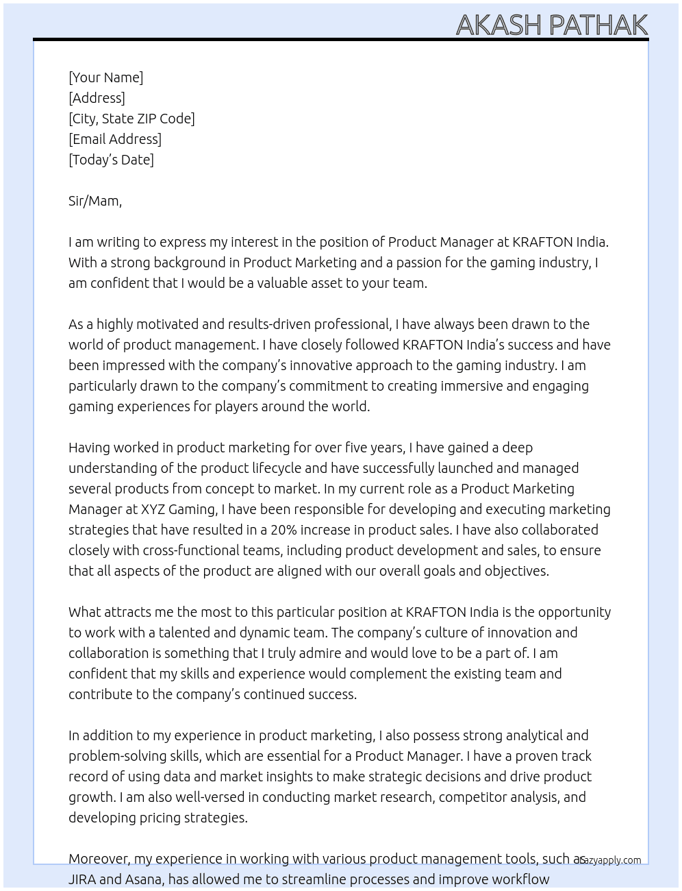 Product Manager  At KRAFTON India Cover Letter