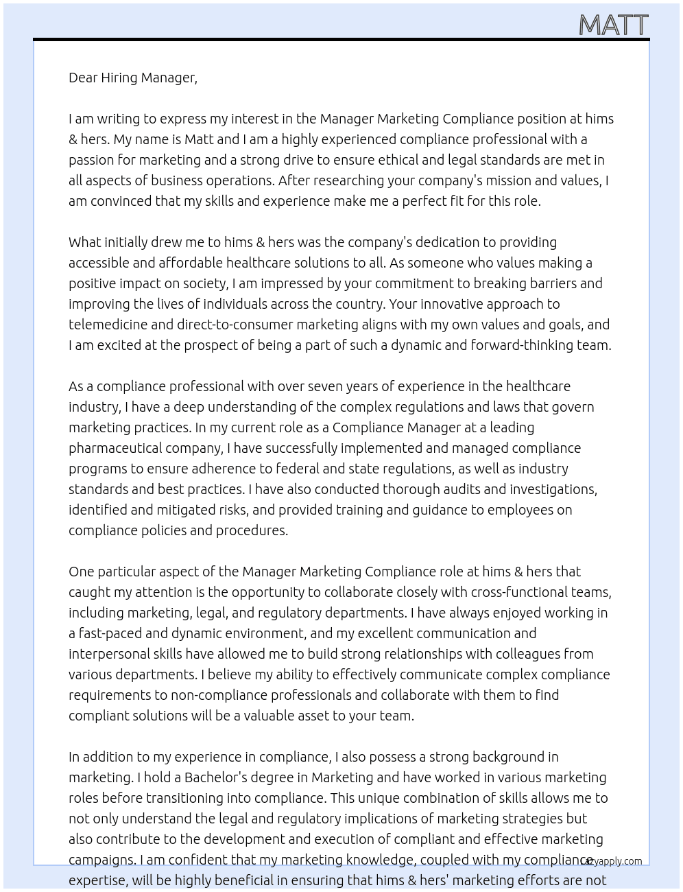 Manager Marketing Compliance At hims & hers Cover Letter