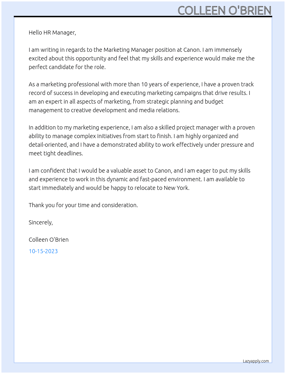 Marketing Manager At Canon Cover Letter