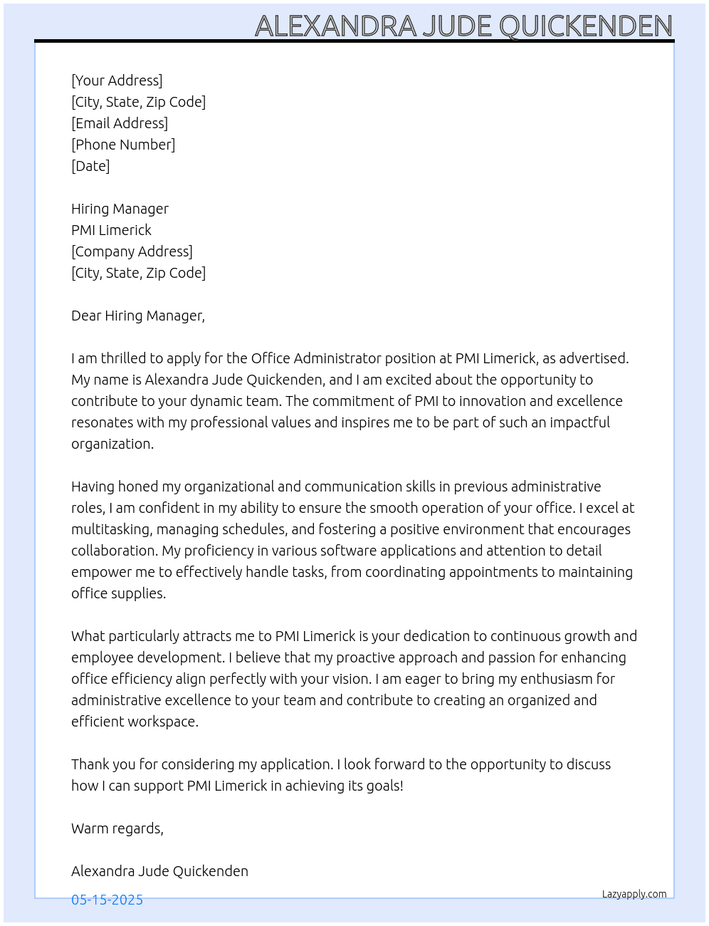 Office Administrator  At PMI Limerick Cover Letter