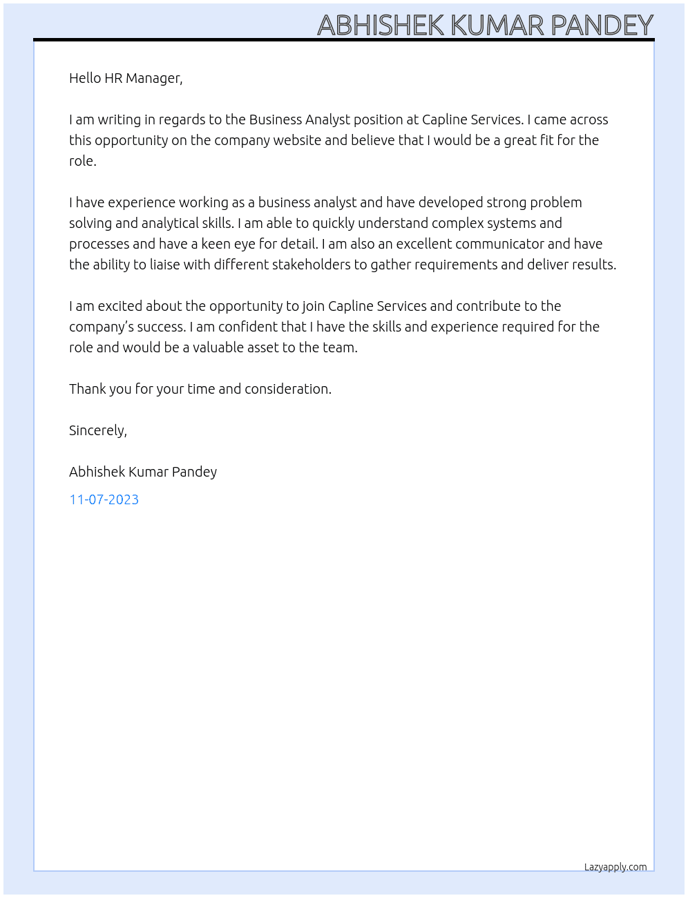 Business analyst At Capline services Cover Letter
