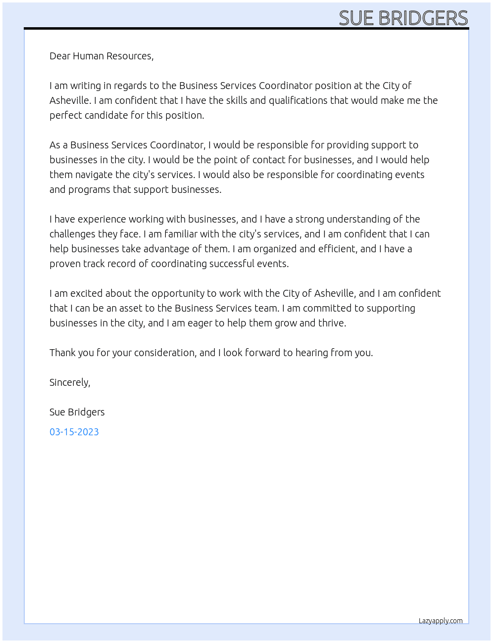 Business Services Coordinator At City of Asheville Cover Letter