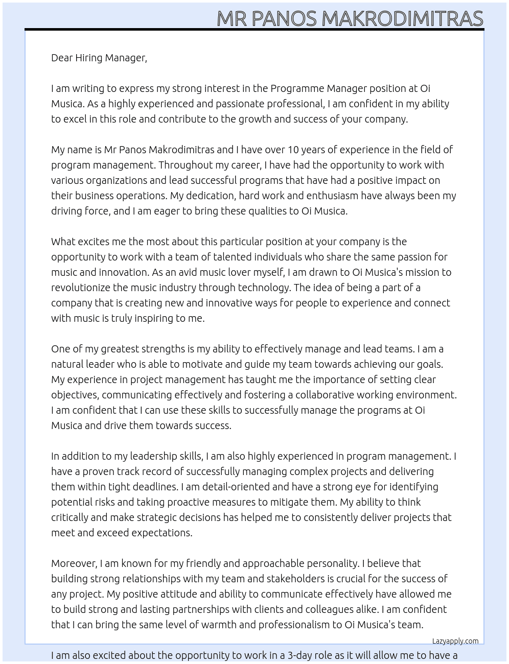 Programme Manager At Oi Musica Cover Letter