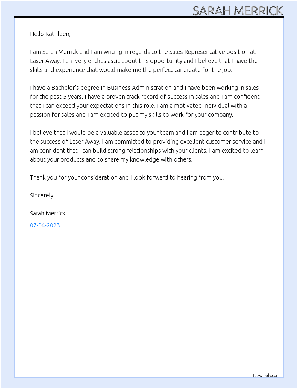 Sales Representative At Laser Away Cover Letter