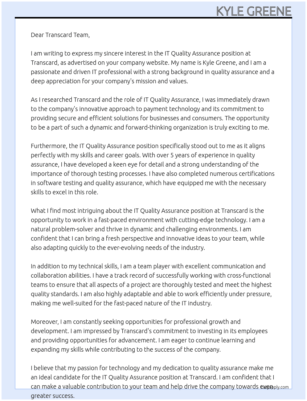 IT Quality Assurance At Transcard Cover Letter