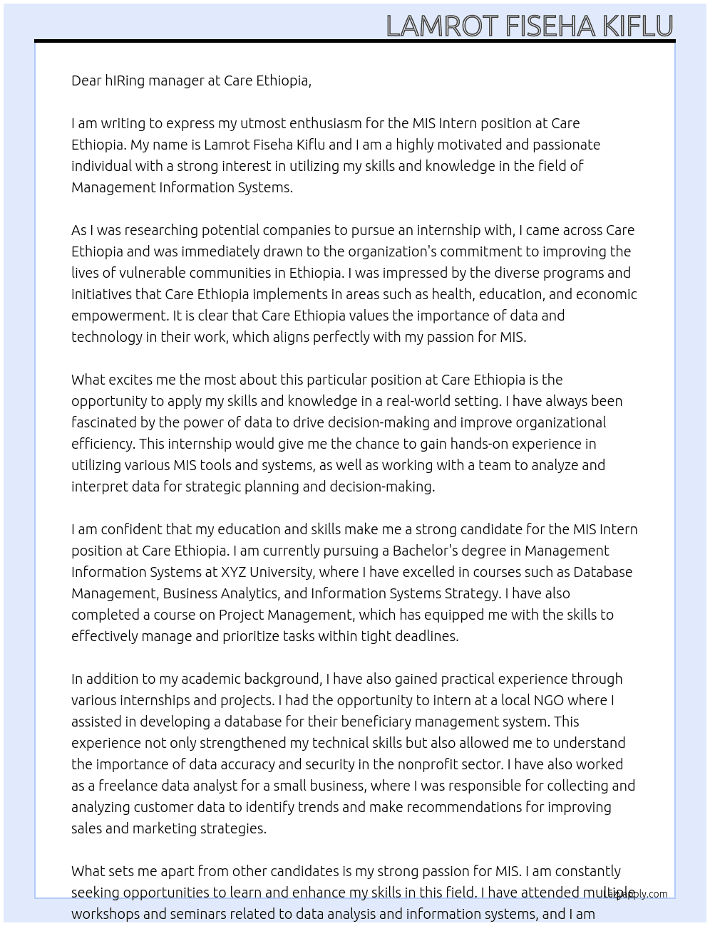 mis intern At Care Ethiopia Cover Letter
