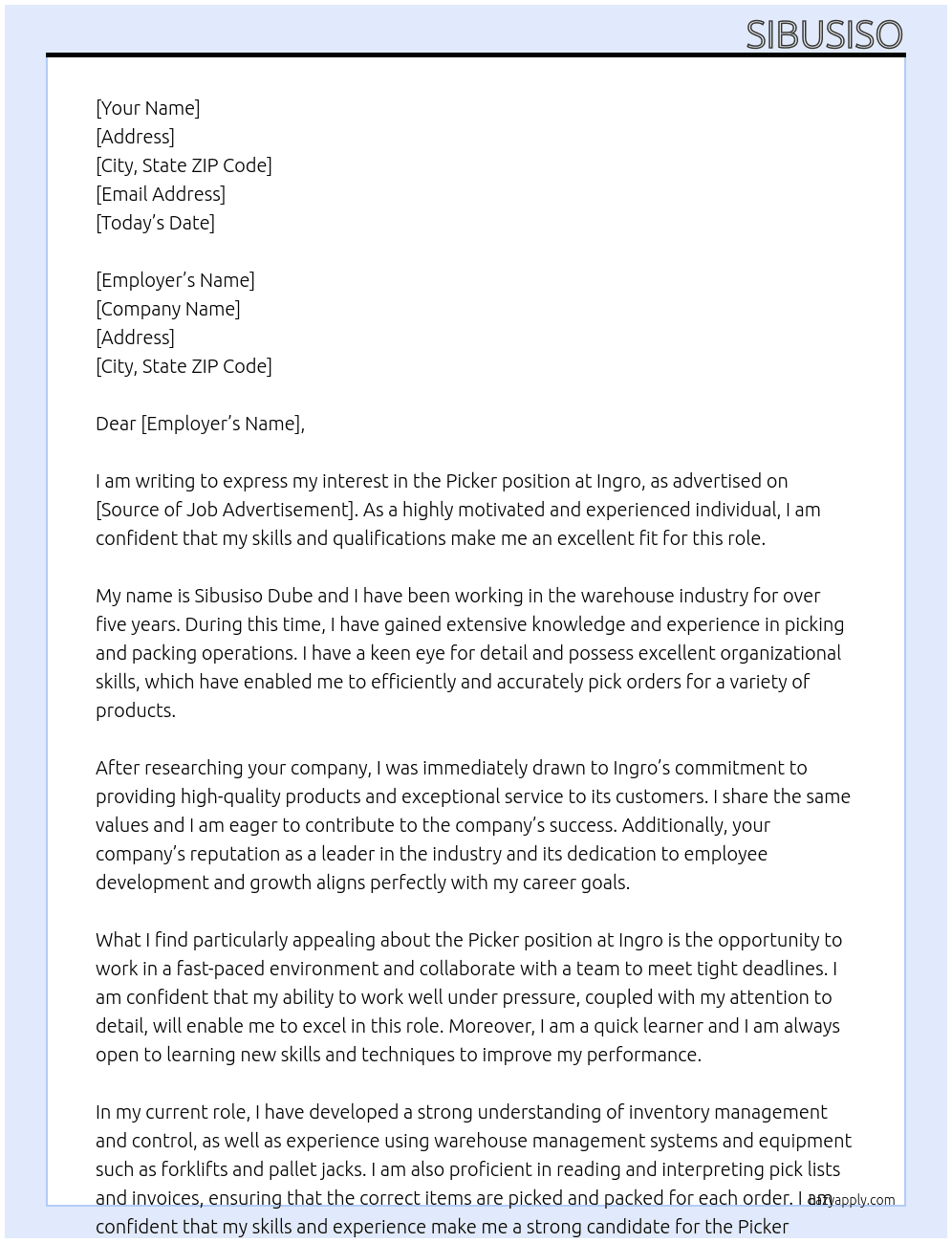 Picker At Ingro Cover Letter