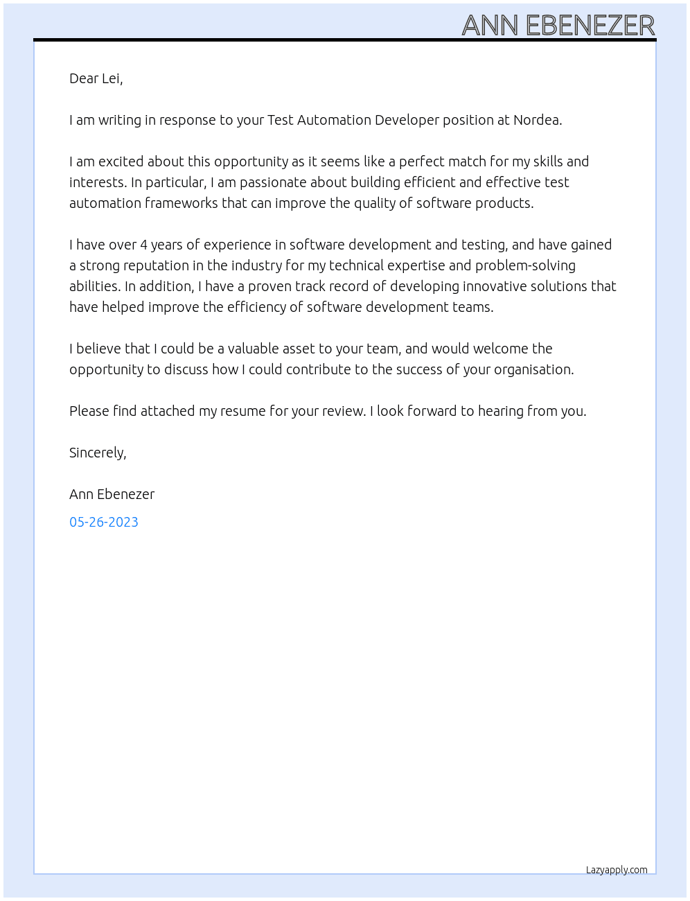 Test Automation Developer At Nordea Cover Letter