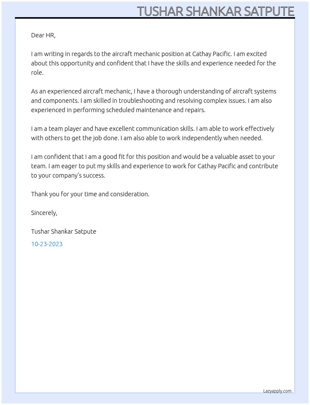 Aircraft Mechanic At Cathay Pacific Cover Letter