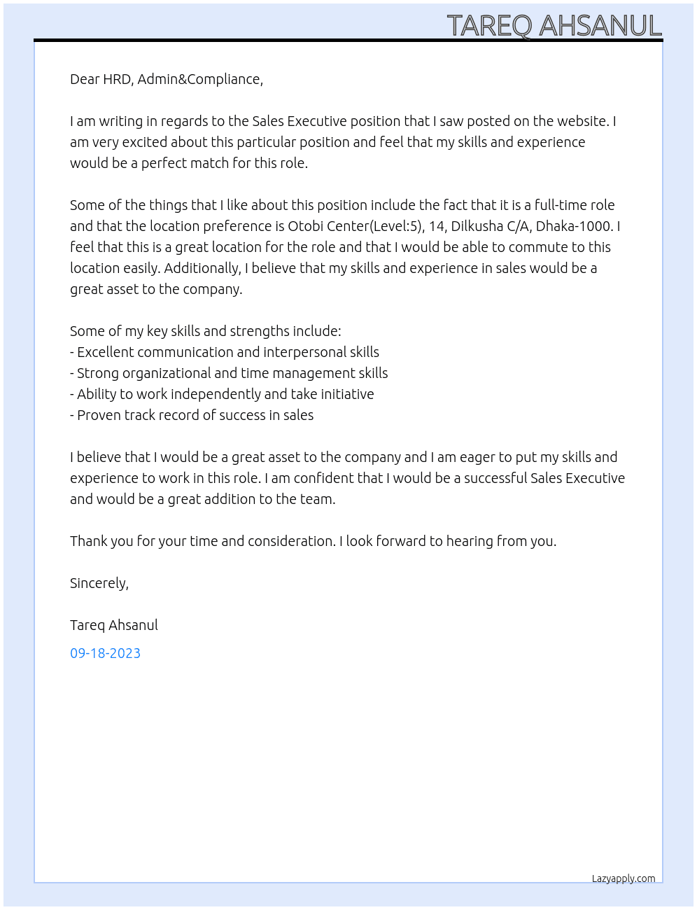 Sales Executive At SHELTECH BROKERAGE LIMITED Cover Letter