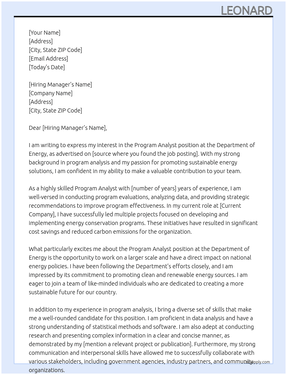 Program Analyst At Department of Energy Cover Letter