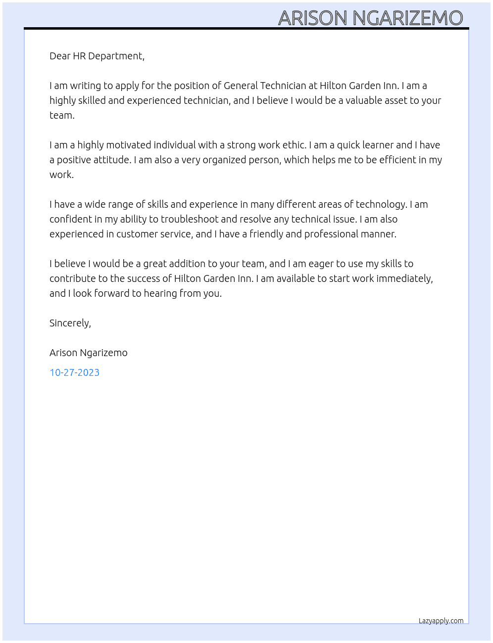 General technician  At Hilton Garden inn  Cover Letter