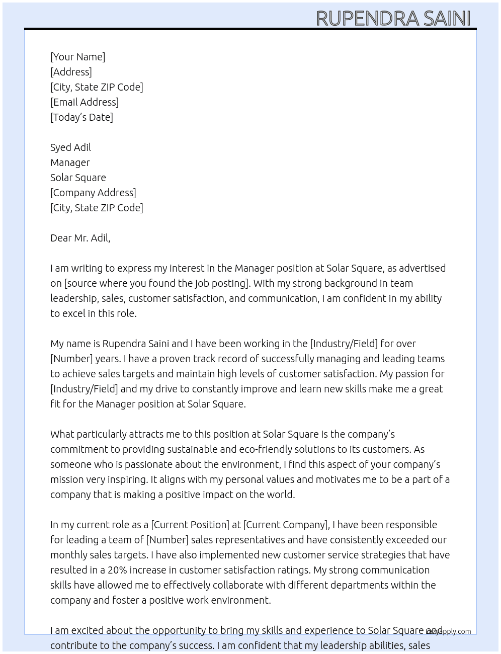 Manager At solar square Cover Letter