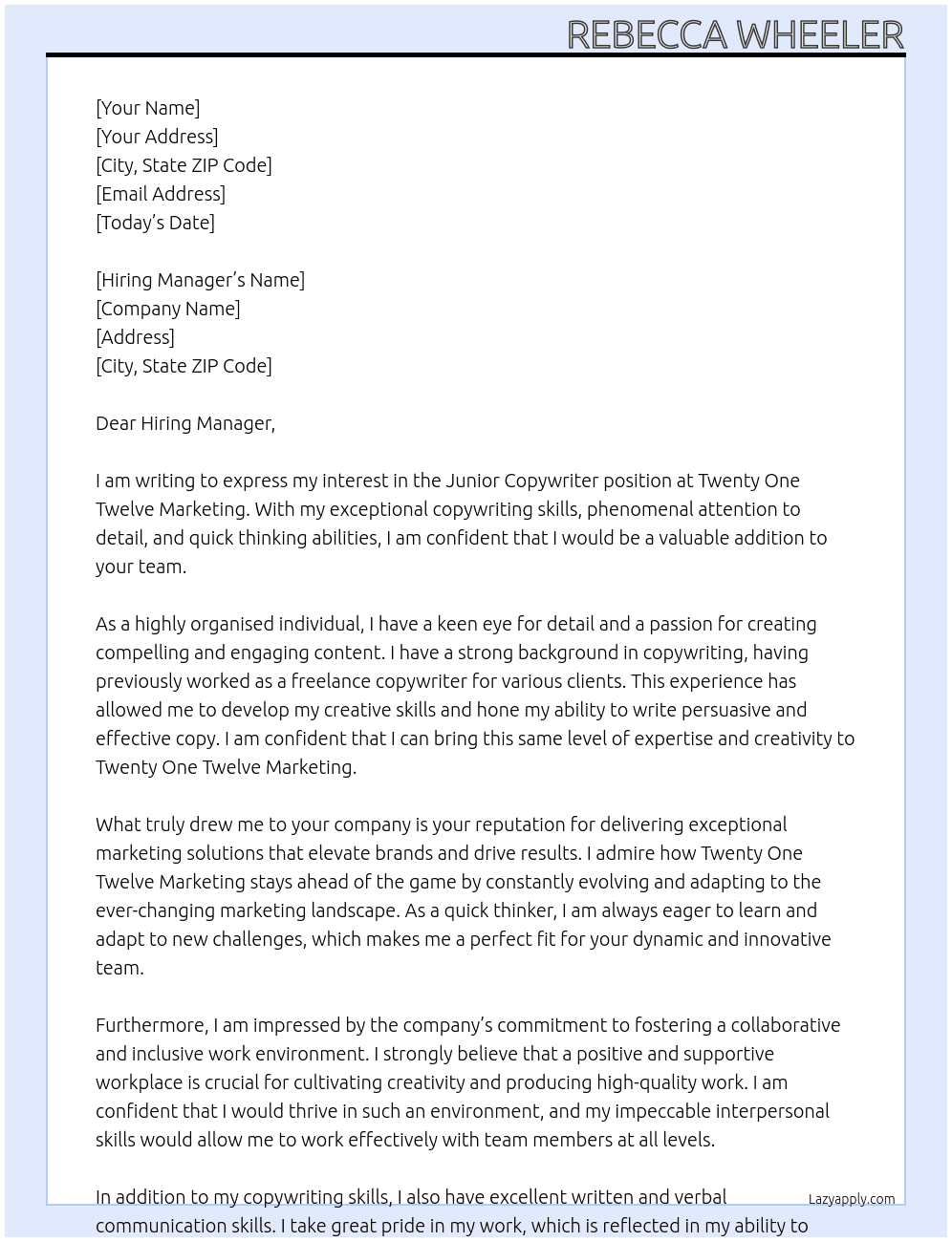 Junior Copywriter At Twenty One Twelve Marketing Cover Letter