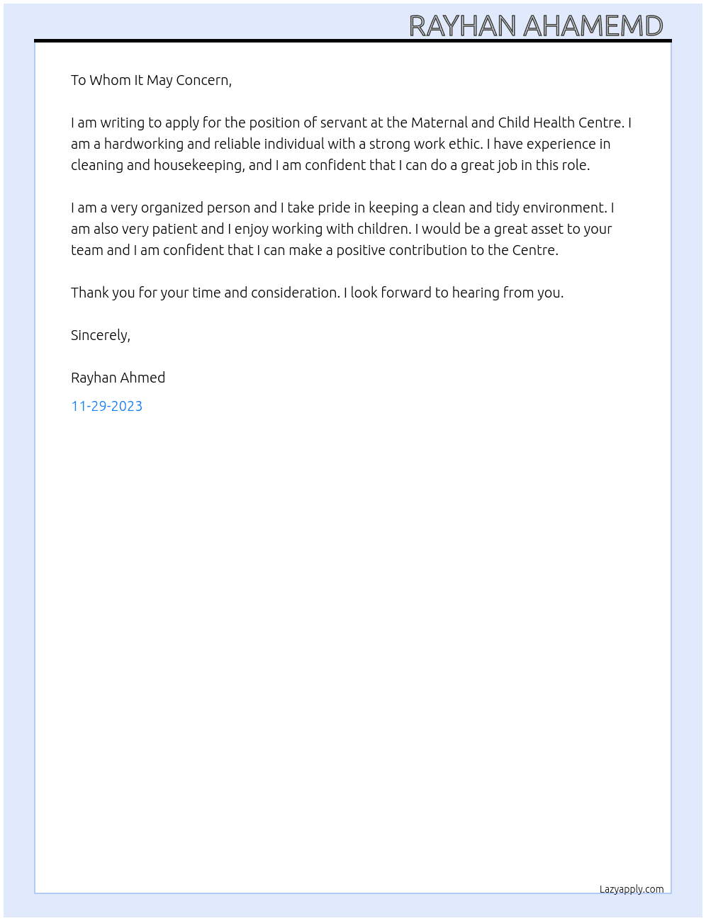The servant  At  Maternal and Child Health Centre Cover Letter