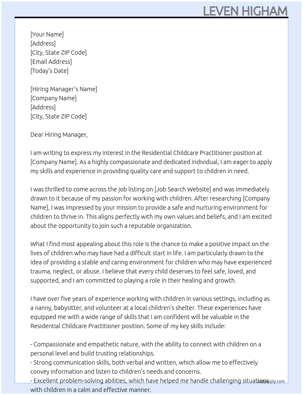 Cover letter for residential childcare practitioner - LazyApply