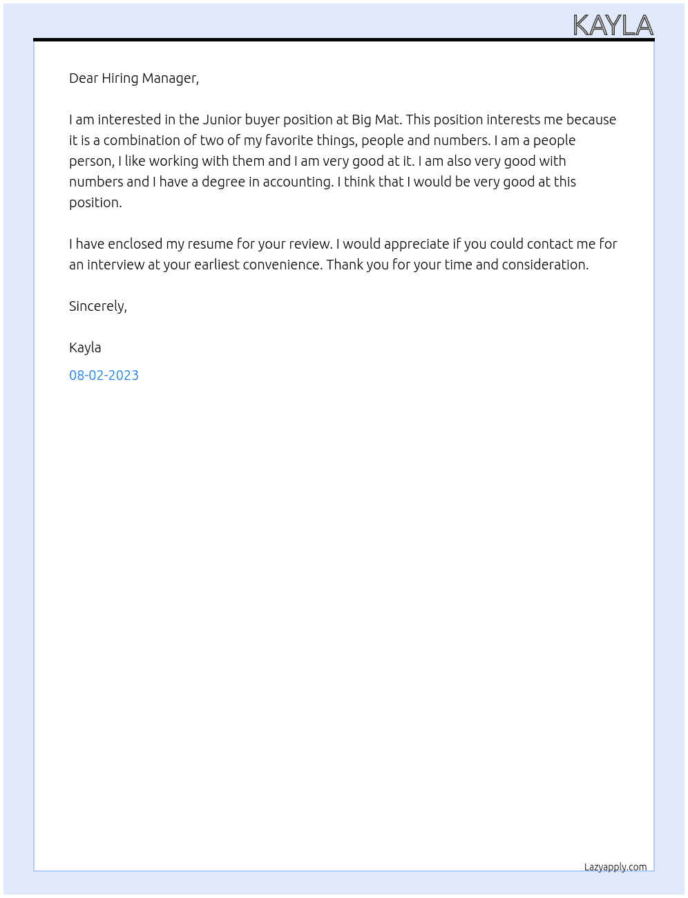 Junior buyer  At Big Mat  Cover Letter