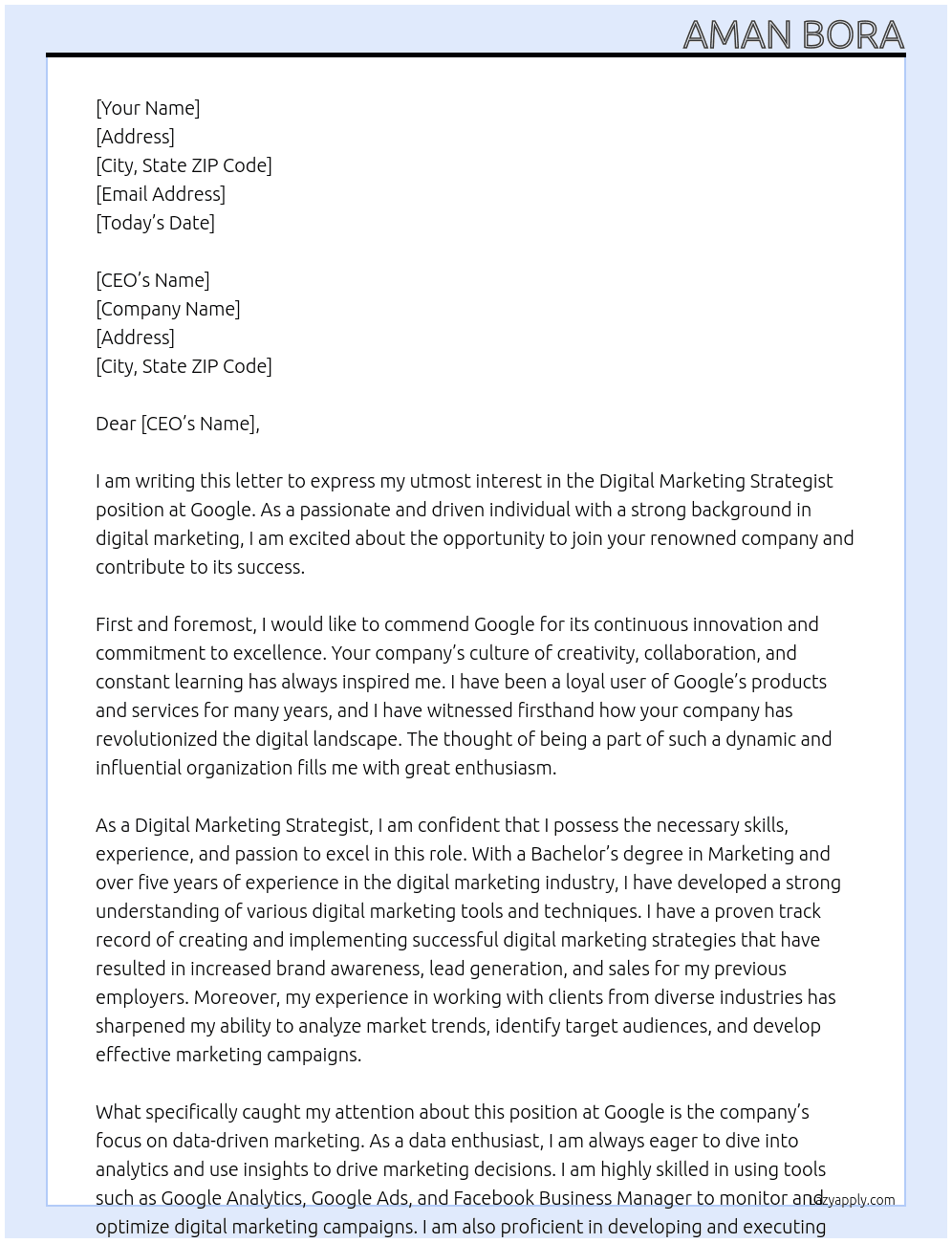 Digital Marketing Strategist At Google Cover Letter