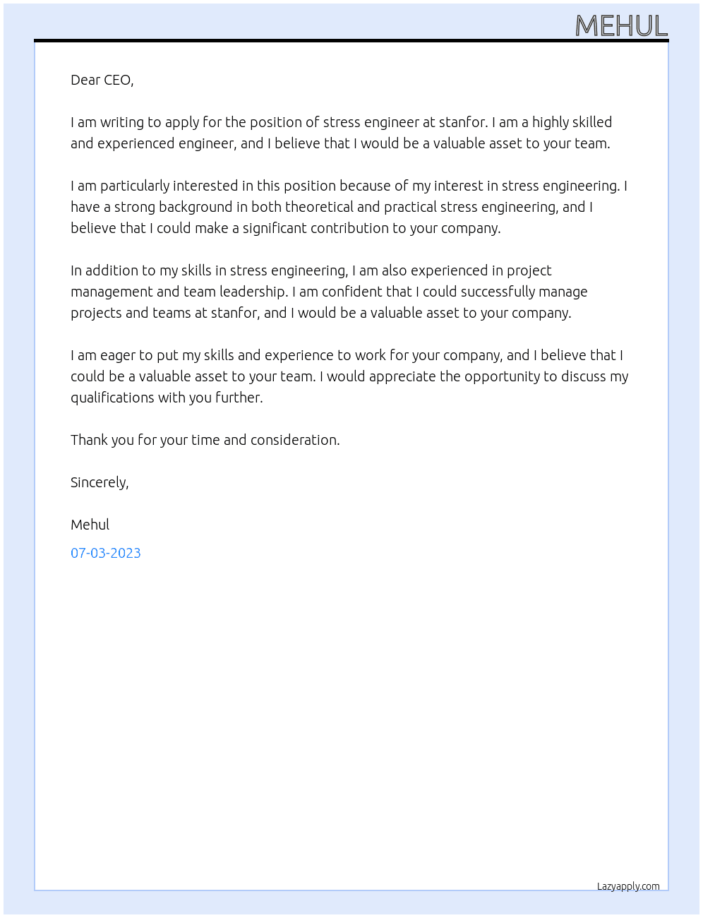 stress engineer At stanfor Cover Letter