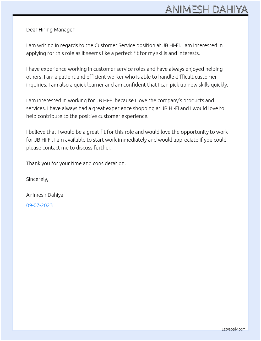 Customer Service At JB Hi-Fi Cover Letter